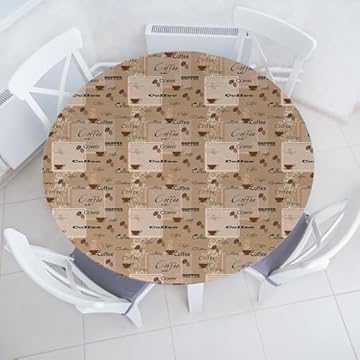 ABAKUHAUS caffè Tovaglia elasticizzata rotonda, I chicchi di caffè Tipografia, tovaglia in tessuto elasticizzato, 142 cm - 152 cm, Marrone chiaro Nero