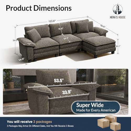 Image of HERA'S HOUSE 124 inch Oversized Modular Sectional L Shaped Sofa,Chenille Ash | 4-Seater Living Room Couches, Wider Armrest and Deep Seat, Comfy Cloud Couch with Ottoman, Light Gray