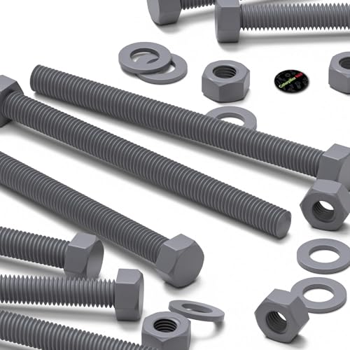 Image of 10x Grey PVC Hexagon Head Screws, Nuts & Washers, UPVC, M8 x 100 mm (5 /16 x 3-15 /16 in)