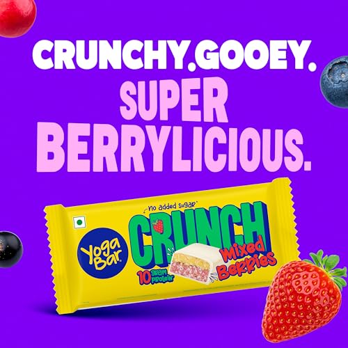 Image of Yogabar Crunch Mixed Berries Protein Bar | No Added Sugar | 10g Protein | High Fibre | Gluten Free Snack | 50g each, Pack of 1