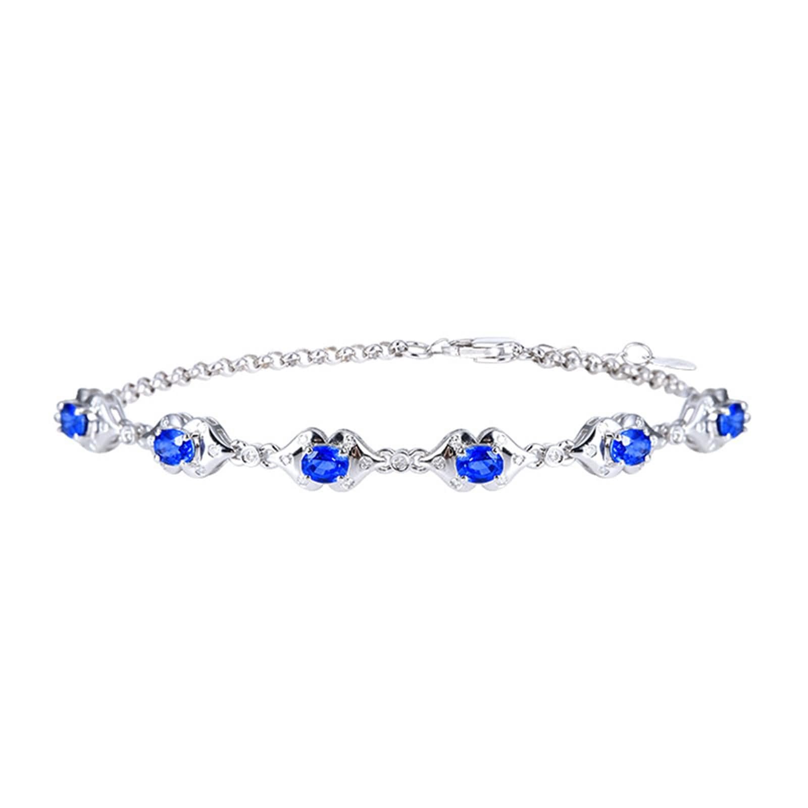 Pulsera Mujer de Oro Blanco 9 Kilates / 14 Kilates / 18 Kilates, Oval con Zafiro Creado de 1,79 ct y Moissanita, Cadena Extensible 16 CM + 5 CM, Pulsera Mujer de Plata Azul