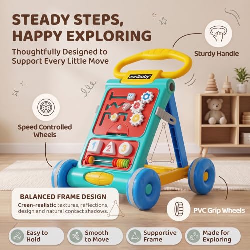 Image of Uonibaby Baby Push Walker, Musical Push Walker for 9 Months+, Toodler Walking Toy for 1 to 2 Years, Interactive Activity Panel with Gears, Shapes, Numbers & Beads, Sturdy Handle & Large Wheels
