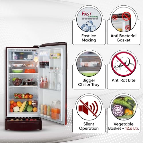 Image of LG 185 L 4 Star Direct-Cool Inverter Single Door Refrigerator (GL-D201ASCY, Scarlet Charm, Base stand with drawer | Fast Ice Making)