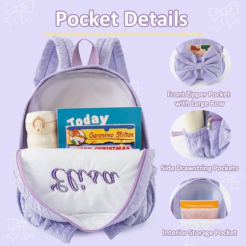 Image of 12inch Daycare Backpack Personalized Small Backpack with Name | Purple Kids Backpacks for Age 1-3,Lightweight Quilted Fabric,Large Front Pocket with Bow,Padded Shoulder Strap,Custom Gift