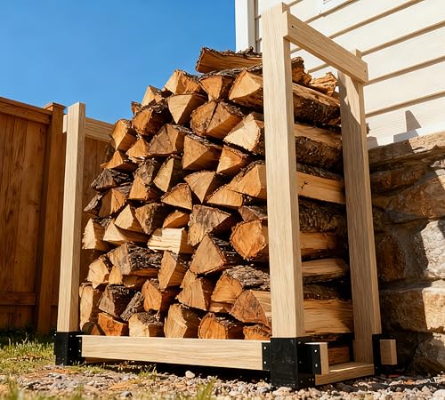 Kingson 4 Pack Heavy Duty Firewood Log Storage Rack Brackets Adjustable Length Indoor Outdoor Fireplace Wood Holder Rust-Proof Powder Coated Steel DIY Kit with Screws