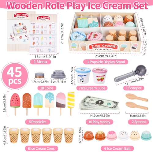 Wooden Ice Cream Toys for Toddlers 3-5, Kids Wooden Toys Play Kitchen Accessories, Play Food Sets for Kids Kitchen, Pretend Play Toys Gifts for 3 4 5 Year Old Girls Boys Birthday Christmas - Image 3
