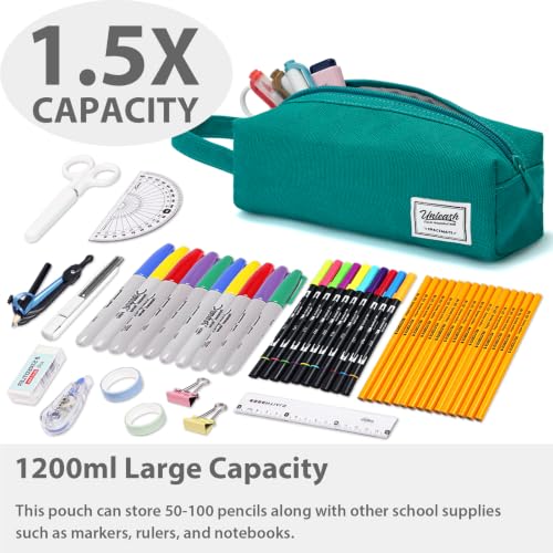 Image of SPACEMATE Pencil Case Pouch Box Bag School Supplies Girls Boys Kids, Cute Preppy Stuff Large Big Capacity Aesthetic Canvas Pen Organizer, Back to College Stationary, Teal, Simple Style, 1200ml