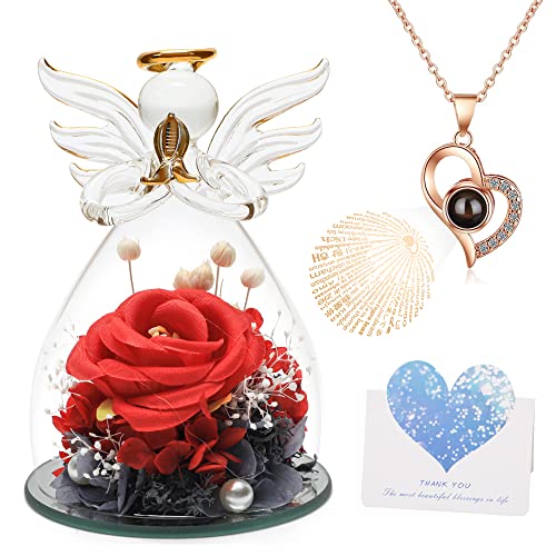 Bievenide Preserved Flowers Mothers Day Glass Angel Gifts For Women Grandma Mom From Daughter Valentine Day Gifts For Mom Wife Her Red Artificial Flowers In Glass Birthday Gifts For Mom #TOP2