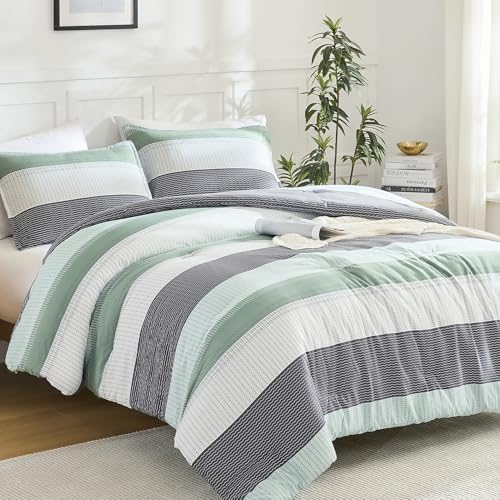 Litanika California King Comforter Set Sage Green - 3 Pieces Cal King Oversized Lightweight Summer Green White Colorblock Stripe Bedding Set (104x96In 2 Pillowcases)