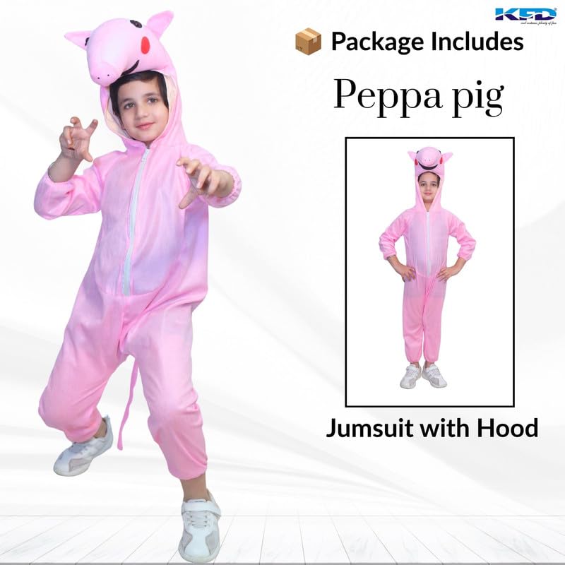 Image of Kaku Fancy Dresses Cartoon Character Pig Fancy Dress Costume for Kids | Animal Jumpsuit with Hood |Pink Theme Outfit for School Functions, Birthday Parties & Stage Performances -3 To 4 Y