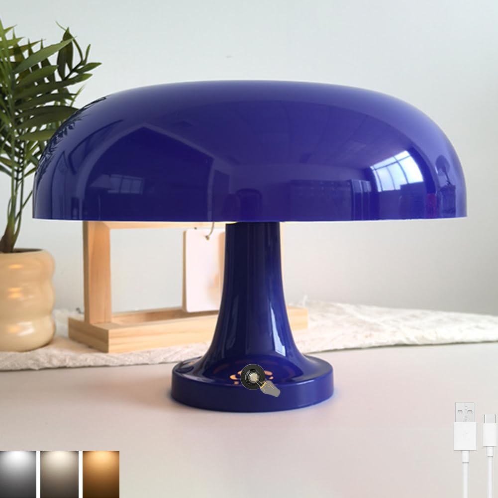 Pilz Tischlampe Kabellos Deko, LED Akku Tischlampe mit Touch Dimmbare Blaue Pilzlampe USB Aufladbar Batteriebetrieben Schreibtischlampe 3 Farben Einstellbar Nachttischlampe Mushroom Leselampe