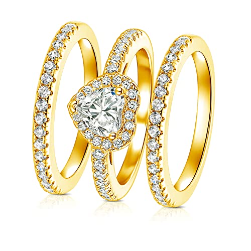 3 Pairs Heart Halo Wedding Rings Set Engagement Ring 18K Yellow Gold Plated Cubic Zirconia Band Promise Eternity Ring for Women Size 9