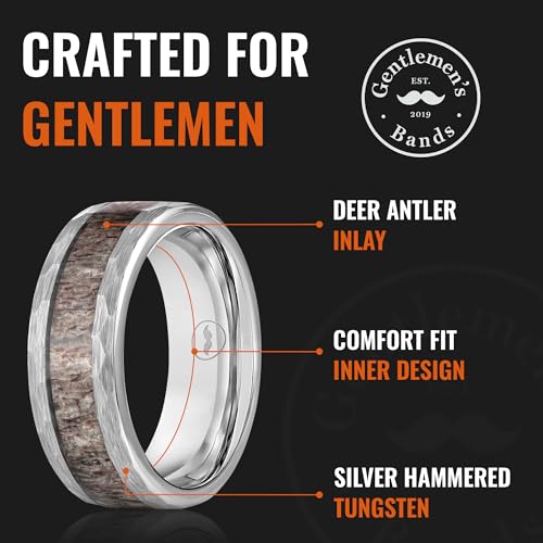 Gentlemen's Bands Silver Tungsten Hammered Men's Wedding Band with Deer Antler Inlay | Premium Tungsten Engagement/Wedding Ring for Men 8mm | Includes Silicone Band, Leather Pouch & Luxury Walnut Box3