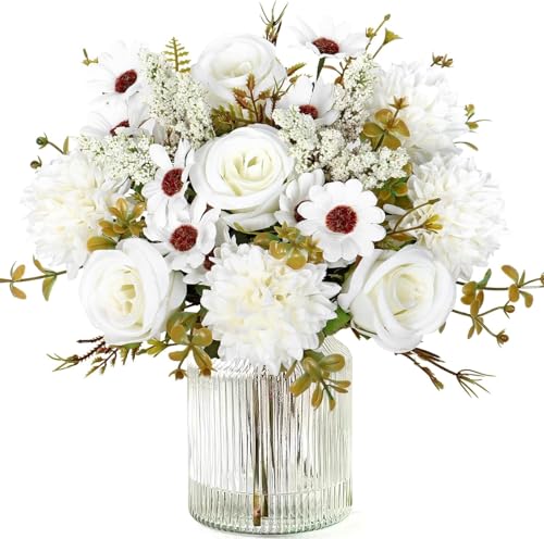 Image of Artificial Flower Bouquet for Home Decoration - 2 Pcs Faux Rose & Daisy Bouquet (Without Pot) Artificial Flowers for Living Room, Bedroom, Office, Vase Decoration (White)