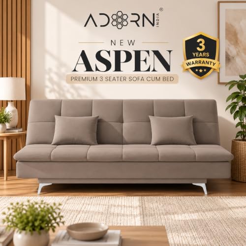 Adorn India Premium New Aspen 3 Seater Sofa Cum Bed 4×6 | Velvet Suede Fabric | Convertible Sofa Bed for Living Room | 2 Cushions | Camel | 3 Years Wa