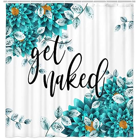 Get Naked Shower Curtain for Bathroom, Rustic Farmhouse Teal Floral Dahlia Flower Fabric Shower Curtains Set with Hooks, Turquoise Blue Flower Green Plant Leaves Restroom Decor Accessories, 72X72in Cover
