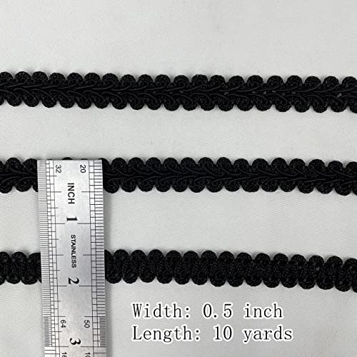 Braid Gimp Trim 1/2 Inch Braided Cord Scalloped Edge Braid Rick Rack Trim For Sewing, Pillows, Home Curtain (10 Yards, Black) #TOP1