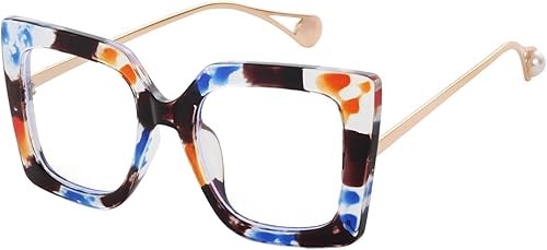 Teumire Gafas cuadradas de gran tamaño con bloqueo de luz azul para mujer, gafas gruesas de moda con incrustaciones de perlas para el brazo,