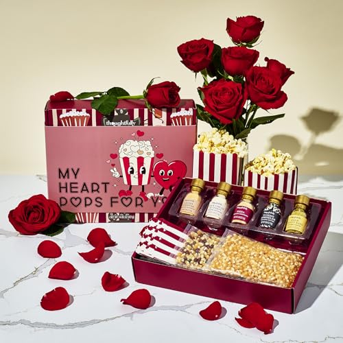 Image of Thoughtfully Gourmet, Valentine's Movie Night Popcorn Gift Set, Includes Yellow & Mixed Popcorn Kernels, 10 Popcorn Bags, 5 Gourmet Seasonings & Toppings, Romantic Movie Night Gift Basket for Couples