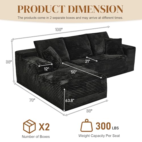 Image of 108 inch L Shaped Boneless Sectional Couches for Living Room, Wide Armrest, Deep Seat, Memory Foam, Assembly Free, Modern Comfy Corduroy Fluffy Cloud Sofa with Left Chaise, Black