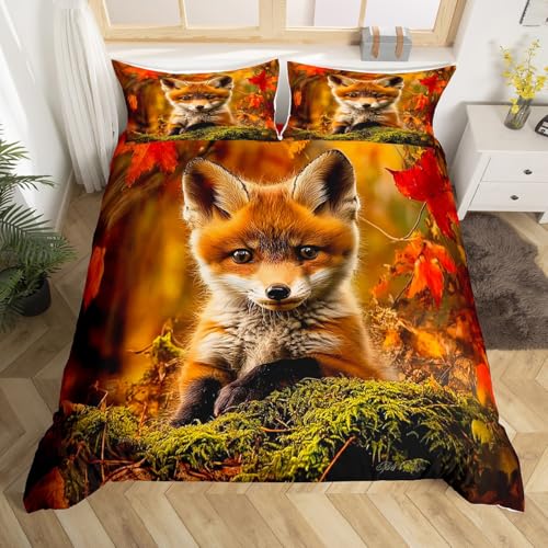 Homemissing Renard Parure de Lit Wildlife Imprimer Housse de Couette 140x200cm Enfants Mignon Renard Ensemble de Literie Motif Animal Naturel pour Les Filles...