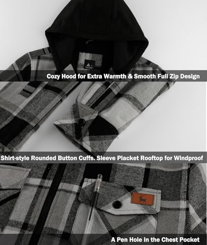 Image of V VALANCH Men's Flannel Shirt Jacket with Hood Fleece Lined Plaid Jacket Zip Up Winter Warm Coat