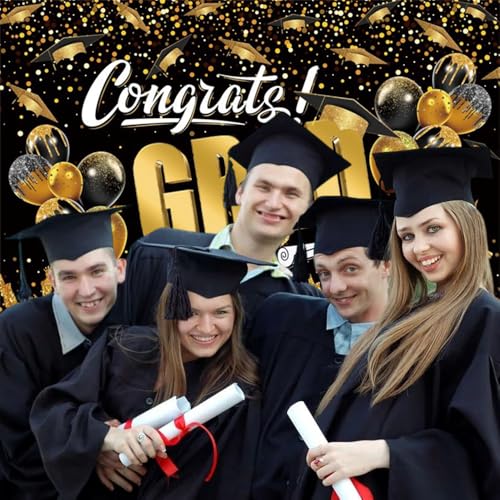 DASHAN 7x5ft Congrats Grad Class of 2026 Backdrop Black Gold Graduation Backdrop for Photography Graduation Banner Party Decorations with Balloons Background Cake Table Decor Photo Booth Props - image 3