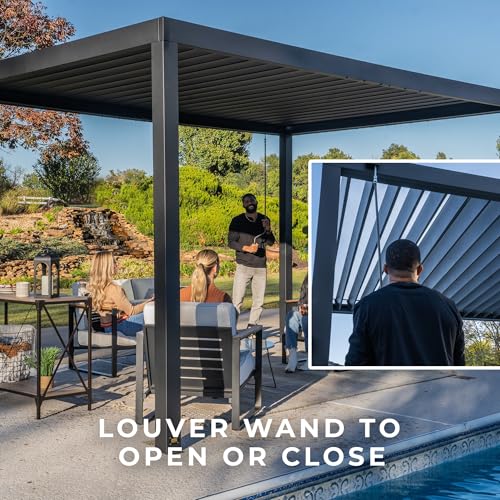 Image of Backyard Discovery Sarasota 18' x 10' Galvanized Steel Louvered Pergola Kit with Adjustable Roof, Shade, Rain Protection, High-Wind Rating, Gutter System for Outdoor Patio, Garden, Deck, Entertaining