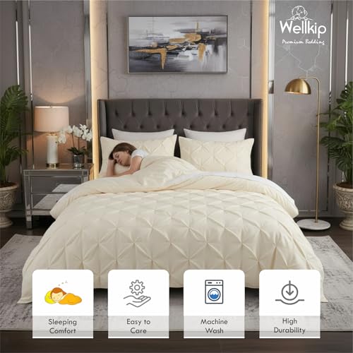 Image of Pinch Pleated Duvet Cover Set 1000TC 100% Cotton Premium 3-Pieces 1-Duvet Cover & 2-Pillow Cover Luxury Look Home and Hotel Zipper & 8-Tie Closure (Ivory, Double 90 X 100 Inch)