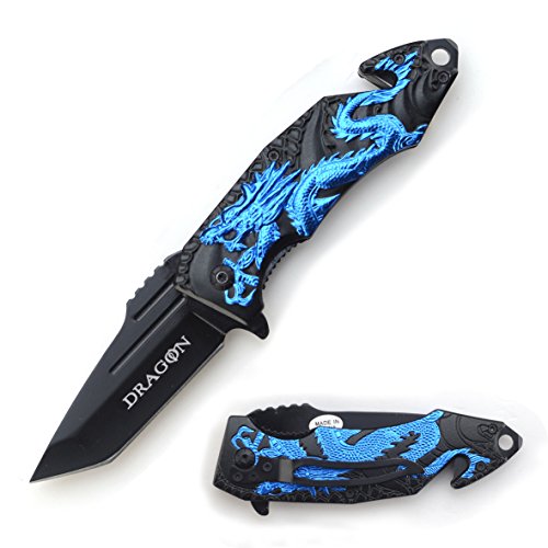 Snake Eye Fantasy Etched Dragon Design Tactical Assisted Rescue Pocket Folding Knife Self Defense Everyday Carry Outdoors (BLUE) - Snake Eye Tactical