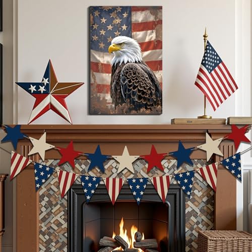 Image of Framed Vintage Bald Eagle American Flag Wall Art, Patriotic Rustic Canvas Art Pictures, USA Eagle Wall Decor, Made in USA Ready to Hang for Office Man Cave