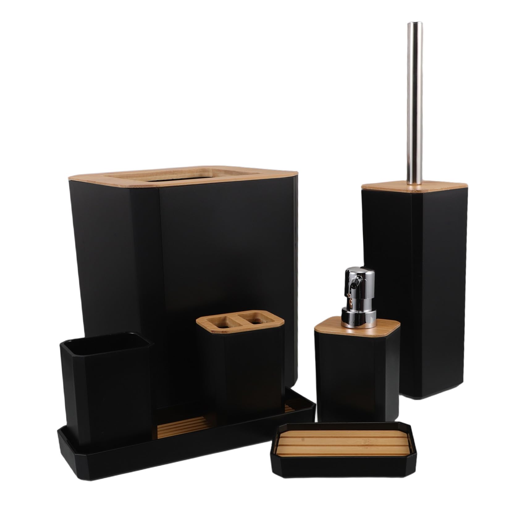 SOIMISS Set de Accesorios de Baño Negro de Bambú y Plástico Dispensador de Jabón y Vaso para Cepillo de Dientes, Fácil Mantenimiento y Organización para Hogar o Hotel