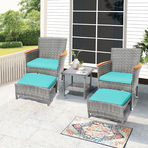 ARTBUSKE 5 PCS Outdoor Patio Furniture Set with Table&Ottoman Outdoor Furniture Patio Set Bistro Wicker Patio Set (Gray Wicker&Green Cushion, 5PC - 2 Chair + 2 Ottoman + 1 Table)