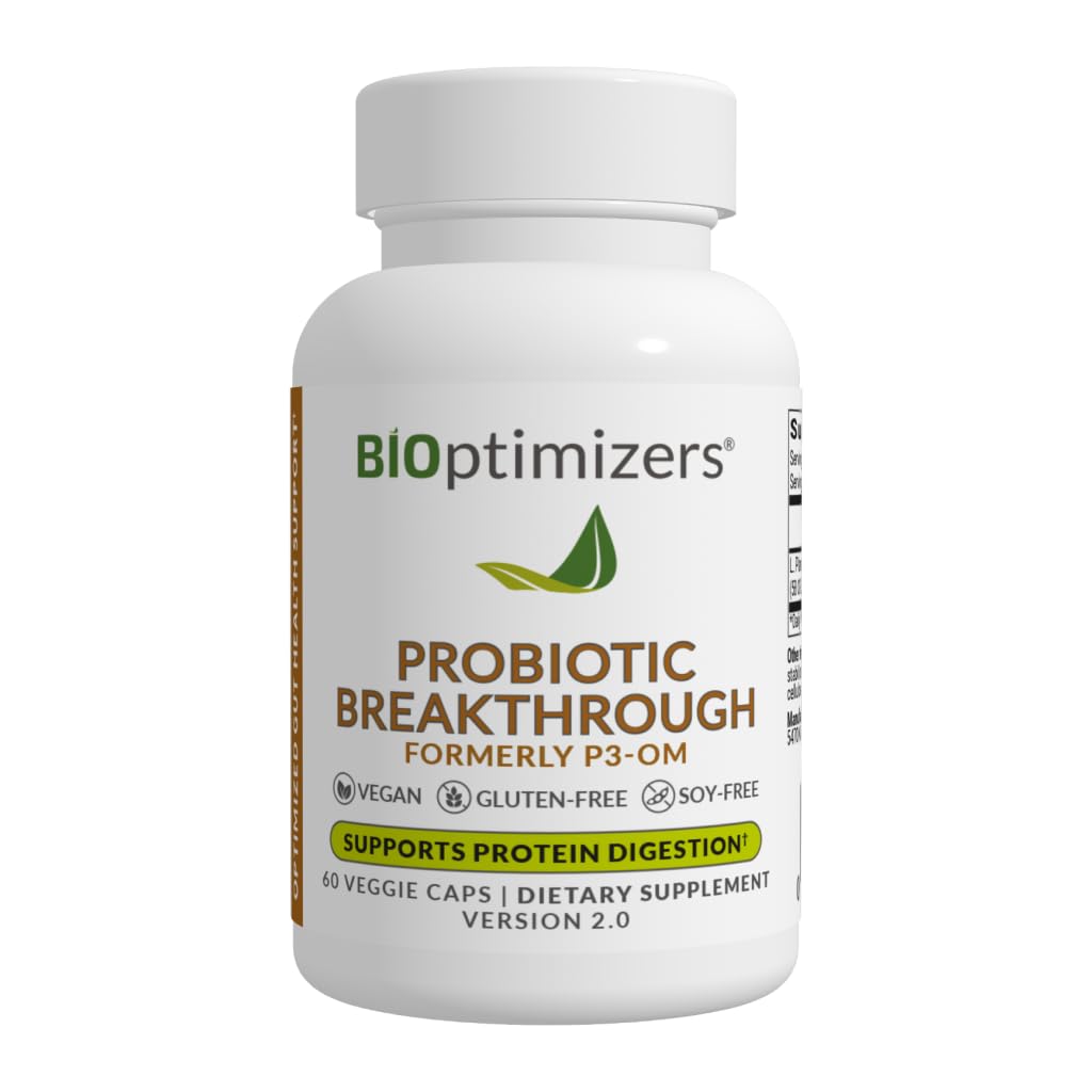 BiOptimizers P3-OM Proteolytic Prebiotics & Probiotics Supplement – Lactobacillus Plantarum for Digestive & Immune Health – Bloating & Gut Relief Support for Men & Women (60 Vegan Capsules)