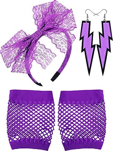 Blulu Diadema de Encaje de los Años 80 Pendientes de Neon Guantes de Malla sin Dedos para Fiesta de los Años 1980 (Morado) | Ya disponible en tu tienda friki favorita! En mundofriki.es!