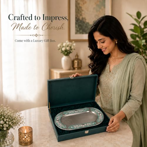 Image of Decorative Oval Metal Tray with Turquoise Enamel & Crystal Floral Border | Premium Silver Finish Display Tray for Home Decor, Coffee Table, Dining Table, Centerpiece, Console & Gift Item