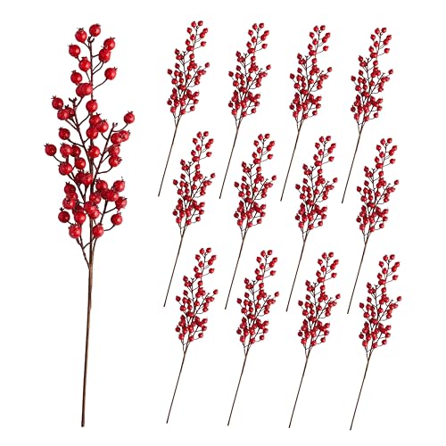 Balsam Hill Berry Picks - Premium Red Christmas Tree Picks with Glitter Accents for Holiday Decorations and Indoor Christmas Ornaments (Pack of 12), Red, Large Berries