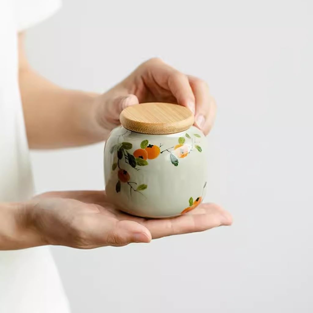Organizador de Bolsitas de Té Lata de té de caqui puramente pintada a mano, lata sellada, lata de té pequeña portátil de cerámica, minilata de almacenamiento creativa Organizador de Té Contenedor de A