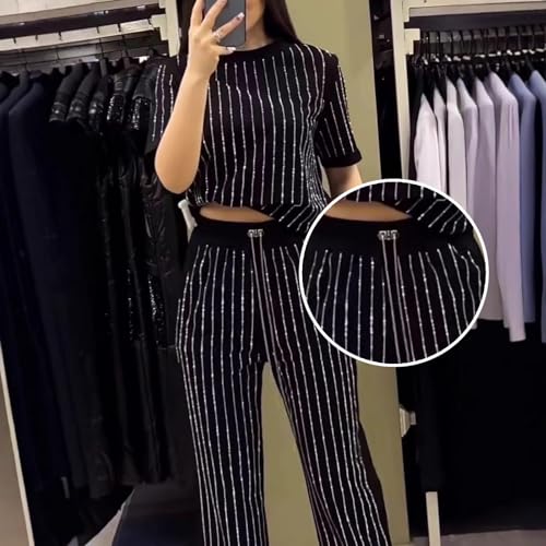 2025 Women's Casual Solid Color Round Neck Hot Diamond Short Sleeve Two-piece Suit, Elegant Stripe Wide Leg Pants 2 Piece Set4