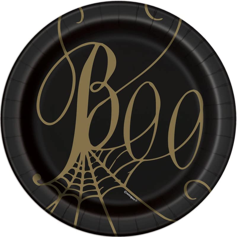 Theme Party Birthday Party Tableware Black & Gold Spider Web Round Dessert Plates 8pk