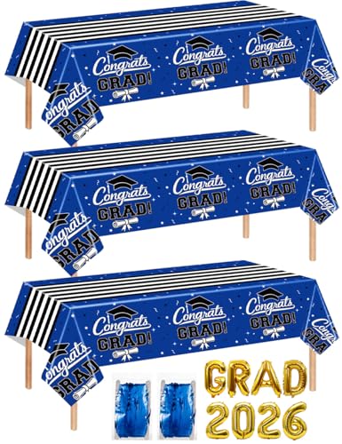 multiwins 7-Pack Graduation Party Decorations Set 3 Blue Graduation Tablecloths 54x108in 2026 and Grad Balloons 2 Foil Fringe Curtains for High School College Graduation Party Photo Booth