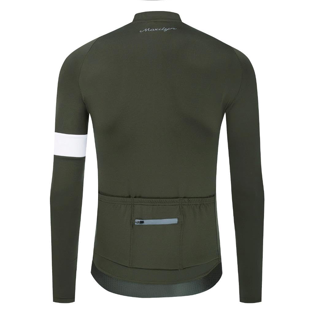 Moxilyn Jersey de ciclismo de invierno para hombre, manga larga, forro polar térmico, clima frío, chaquetas de ciclismo cálidas, bolsillos con cremallera, verde militar, 3XL