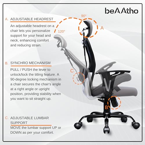 beAAtho® Leo Mesh High Back Office Chair with 3 Year Warranty/Study Chair/Computer Chair/Revolving Chair/Desk Chair for Work from Home | Heavy Duty... - Image 6