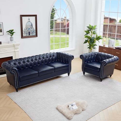 Image of QHITTY 2 Piece Living Room Set, Chesterfield Sectional Sofa Chair Contemporary Upholstered Leather Loveseat Couch Sets for Living Room, Bedroom, Office (Blue)