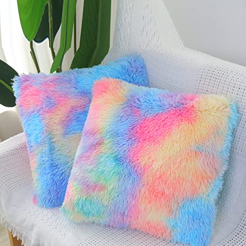 Dongchen Soft Fur Faux Fur Throw Pillow Covers 16"x16" Pack of 2 Peach Blush Plush Decorative Tie Dye Pink Throw Girls Pillow Covers, Cute Cushion Cases Pillowcases for Sofa Couch Living Room Bedroom