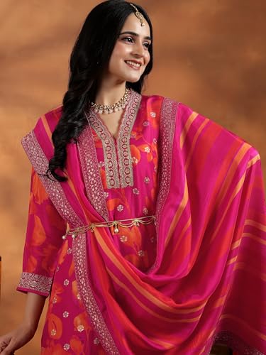 Image of Libas Womens Printed Silk Blend Straight Kurta With Trousers and Dupatta | daily wear suit