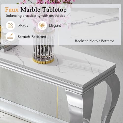 Image of Luxury Coffee Table Set of 3, Coffee Table with End Table, Sofa Console Table, Modern 3 Piece Living Room Table Set with Faux Marble Top & Silver Stainless Steel S Legs for Apartment Home Office