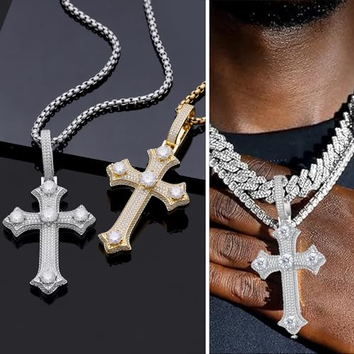 Moissanite Cross Necklace for Men,D Color Iceout Diamond Crucifix Pendant,S925 Silver Lab Diamond Hiphop Pendant Christian Jewelry for Hiphop Men Rapper2