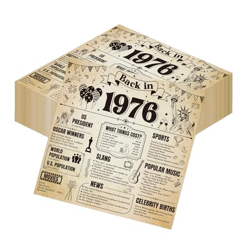 Hokinaa 50th Birthday Party Decorations - 50 Pcs Vintage Newspaper Back in 1976 Paper Decorative Napkins Set Disposable Happy Cheers to 50 Year Old Dinner Cocktail Decor Supplies for Men Women Guest