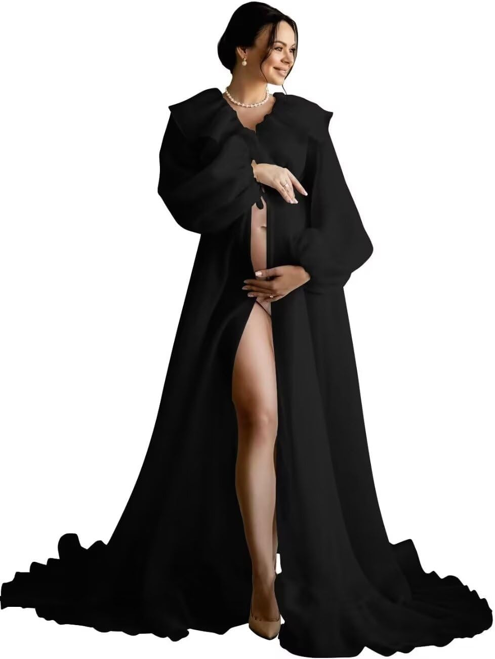 Changuan Ruffles Maternity Dress for Photoshoot Long Puffy Sleeves Maternity Gown Bridal Robe Lingerie Bathrobe Sleepwear